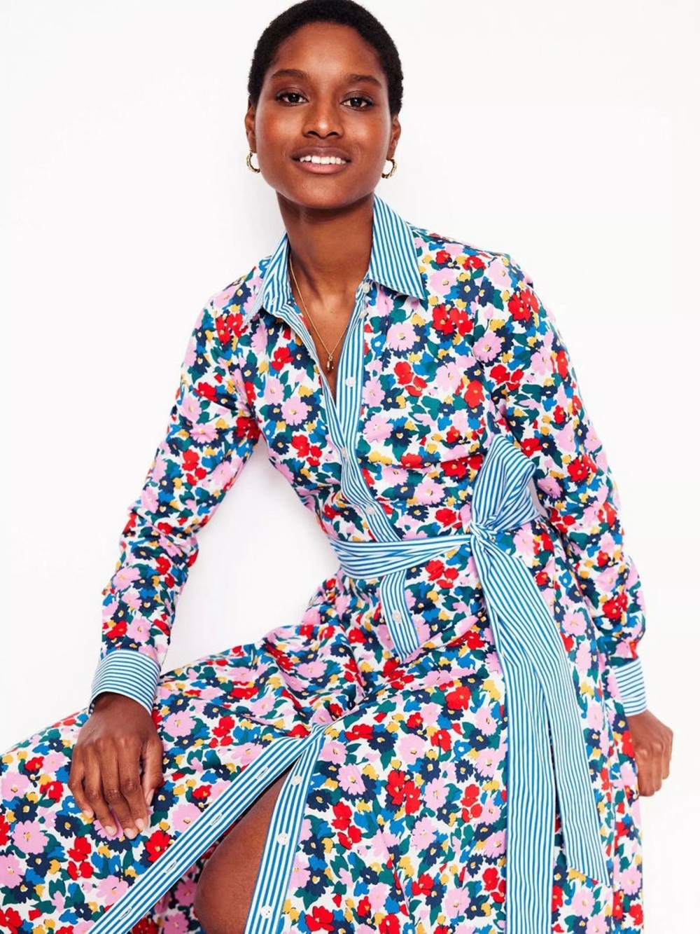 Boden Multicolor Floral Midi Shirt Dress with Blue Stripe Trim - Picture 2 of 5